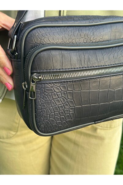 Deribag Genuine Leather, Medium Size, Crossbody Strap, Women's Shoulder Bag, Printed Dark Navy Blue, 23*17*8 cm