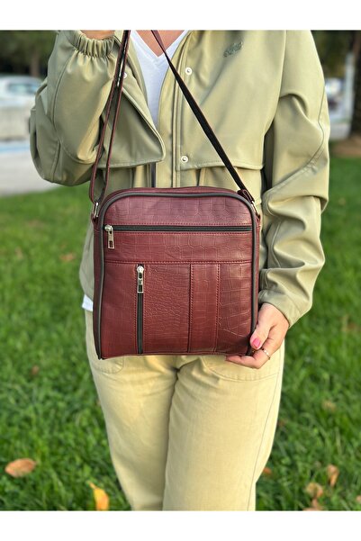 Deribag Genuine Leather, Medium Size, Crossbody Strap, Women's Shoulder Bag, Burgundy, 22*24*5 cm