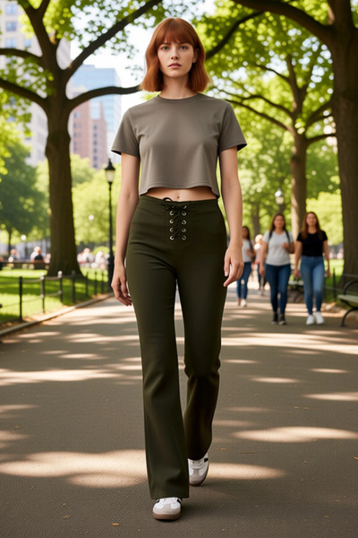 PayBuy Women's Khaki Gabardine Lace-Up Flare Pants Functional Durable Quality Comfortable Modern