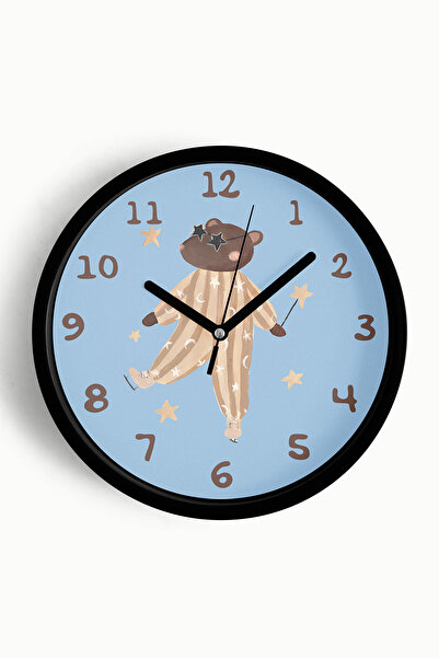 JHAAR ساعة حائط لغرفة الأطفال بتصميم الدب السحري - 35 سم - هيكل أسود مع زجاج ...