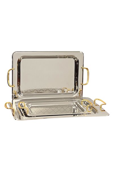 Generic Al Saif stainless steel serving tray set with gold handles, three sizes