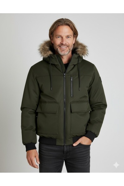 Jack & Jones Jjcharlie Detachable Faux Fur Bomber Men's Fur-Lined Khaki Hooded Pilot Jacket