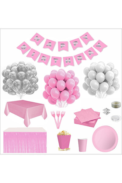 ZENVİVA Pink and White Tableware Set for 24 People Birthday Set