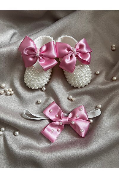 maviden İncili Bebek Patiği |Pembe fiyonk detaylı | Esnek saç bandı