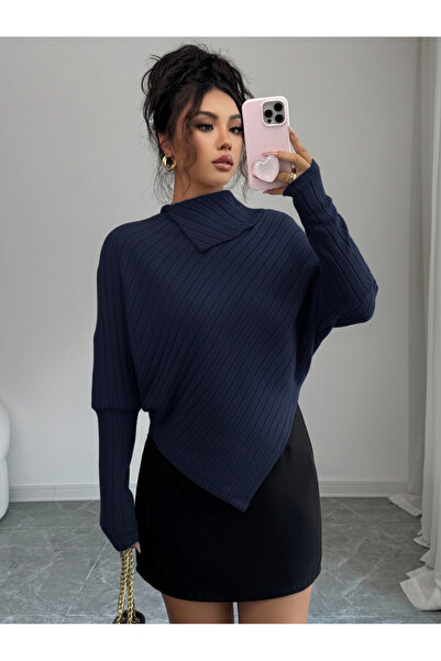 WEEST MODA Navy Blue High-Necked Twill Fabric Asymmetrical Hem Batwing Sleeve Stylish Ust