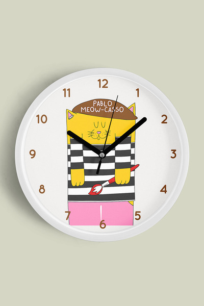JHAAR Ceas de perete modern Picasso Cat - 25cm - Carcasă albă cu sticlă front...