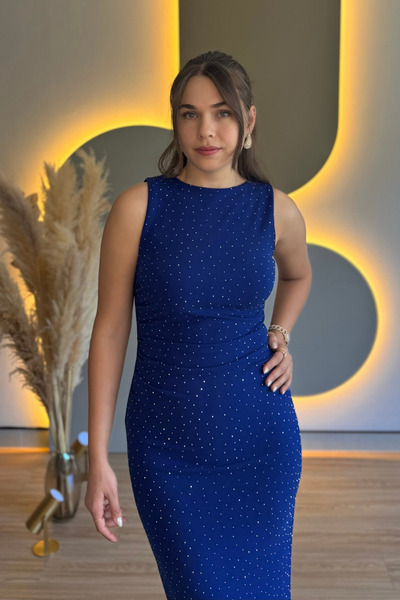 Aventien Draped Stone Slit Cobalt Blue Midi Dress