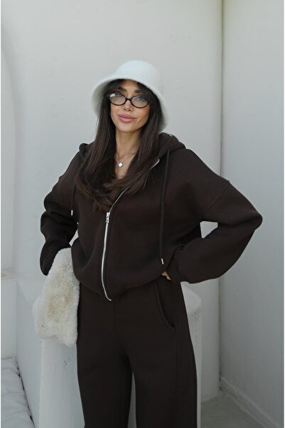 Havoş Bitter Brown Zippered Hooded Tracksuit Set