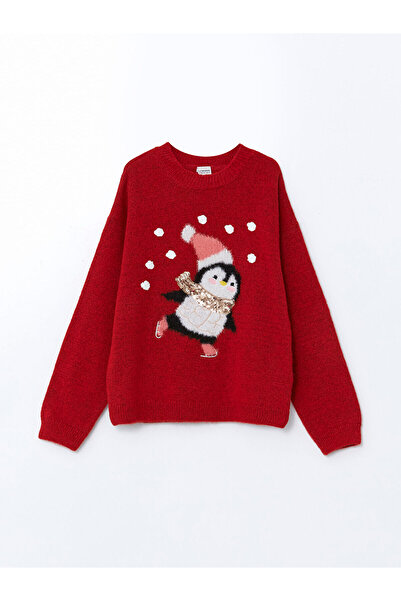 LC Waikiki Lcw Kids Red Crew Neck Christmas Themed Girls' Knitwear Sweater