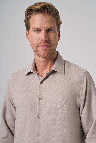 Morven Men's Beige Trend Dynamic Fit Hard Collar Shirt