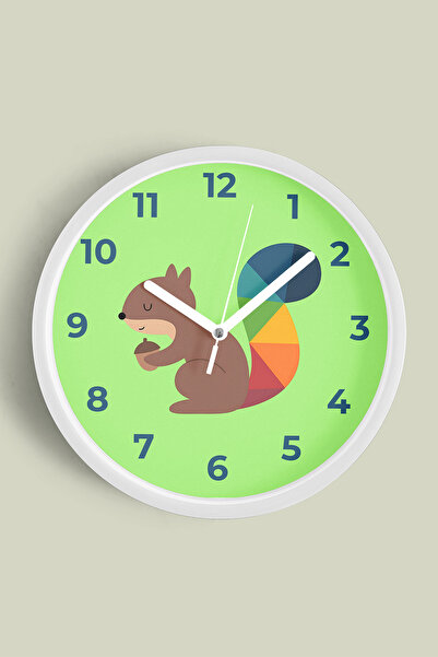 JHAAR ساعة حائط لغرفة الأطفال على شكل سنجاب لطيف - 35 سم - هيكل أبيض مع زجاج ...