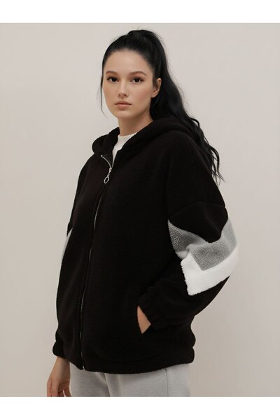 inci wears Hooded Sleeve Detail Elastic Plush Zippered Jacket Black