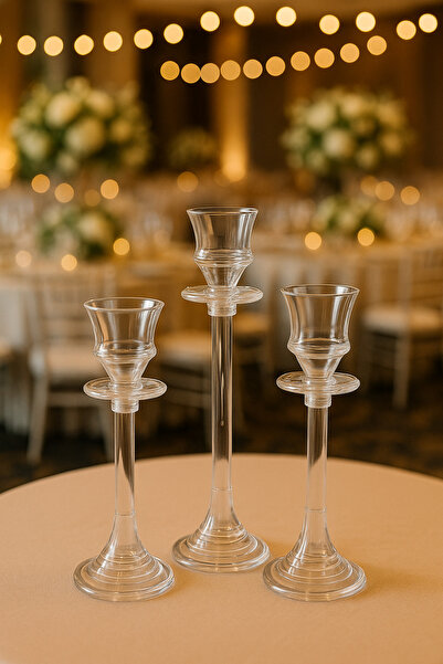 Özbey ArtDeco 3'lü Şeffaf Uzun Mumluk Seti 20/25/30 cm – Düğün & Organizasyon...