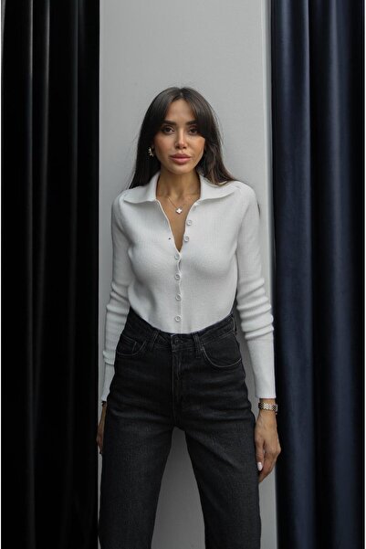 Havoş Ecru multi-button polo neck sweater