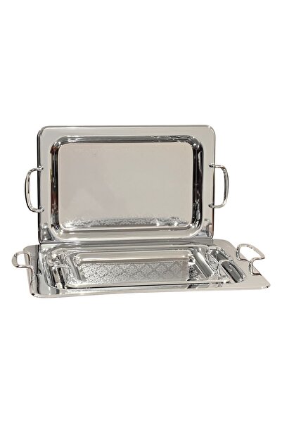 Generic Al Saif stainless steel serving trays, three sizes, new design, embossed inside