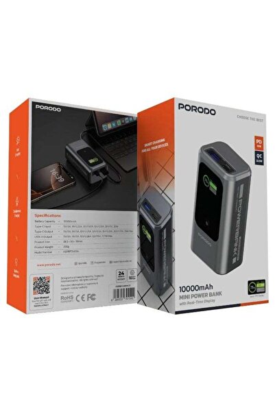 porodo 10000mAh Mini Power Bank with Real-Time Display / PD 35W, QC 22.5 - Grey