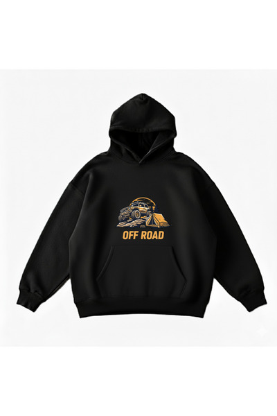 Maki Home Makiteks Black Cotton Unisex Pocketed Hooded Relaxed Fit Off Road Printed Sweatshirt