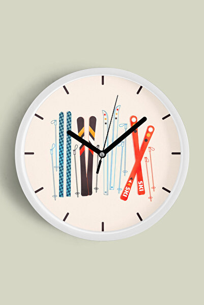 JHAAR Abstract Ski Themed Modern Wall Clock - 42cm - White Case with Glass Fr...