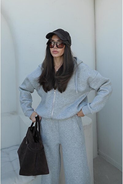 Havoş Gray Melange Zippered Hooded Tracksuit Set