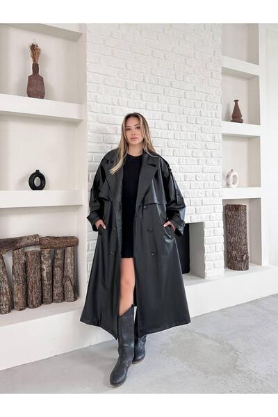 EDAYBUTİK Νέα σεζόν Premium δερμάτινη καμπαρντίνα με ζώνη oversized