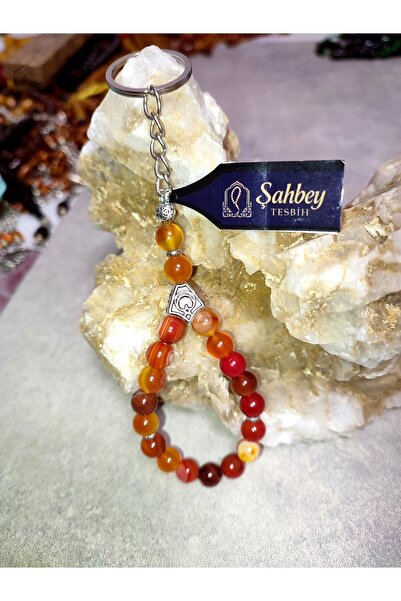 ŞAHBEY TESBİH سلسلة مفاتيح من حجر العقيق الأحمر الطبيعي