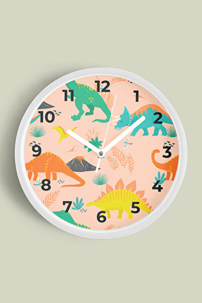 JHAAR ساعة حائط لغرفة الأطفال بنمط ديناصور ملون - 30 سم - هيكل أبيض مع زجاج أ...