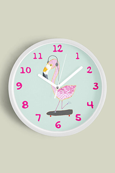JHAAR Kaykay Yapan Pembe Flamingo Çocuk Odası Duvar Saati - 30cm - Önü Camlı ...
