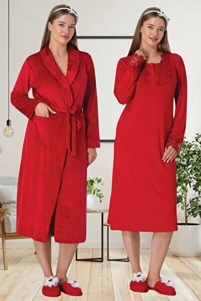 Lohussa Women's Red Velvet Dressing Gown Special Design 100% Cotton Maternity Dressing Gown Nightgown Set