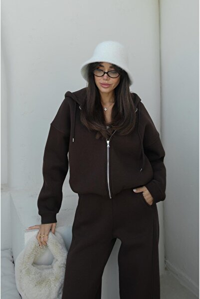 Havoş Bitter Brown Zippered Hooded Tracksuit Set