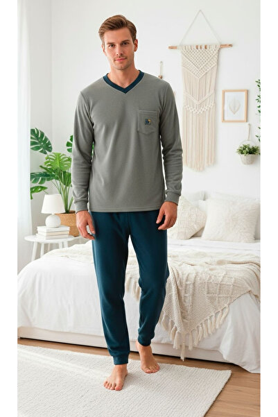 embody Pijamale bărbătești din fleece Cocolino, fine, delicate și moi, gri/ve...