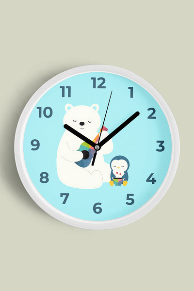 JHAAR Ceas de perete modern pentru camera copiilor cu ursuleț și pinguin drăg...