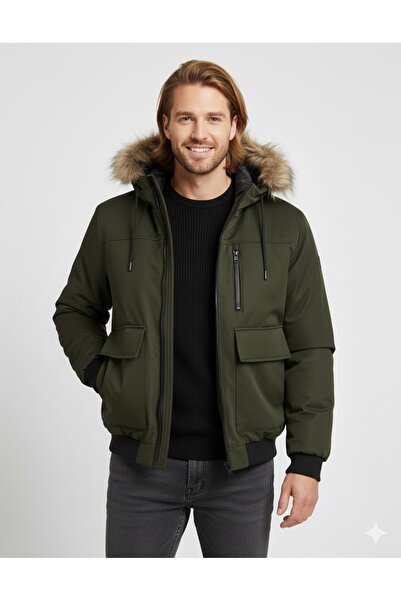 Jack & Jones Jjcharlie Detachable Faux Fur Bomber Men's Fur-Lined Khaki Hooded Pilot Jacket