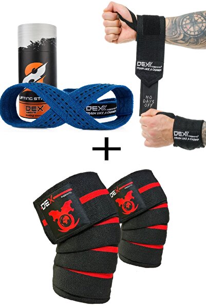 Dex Supports Sports Wrist Wraps Legend, 8 Loop Lifting Straps Blue, Fitness Knee Wraps Elite 3-Pack