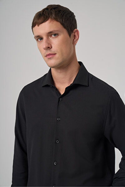 Morven Men's Black Trend Dynamic Fit Hard Collar Shirt