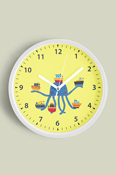 JHAAR ساعة حائط لغرفة الأطفال على شكل أخطبوط يحمل السفن - 30 سم - هيكل أبيض م...
