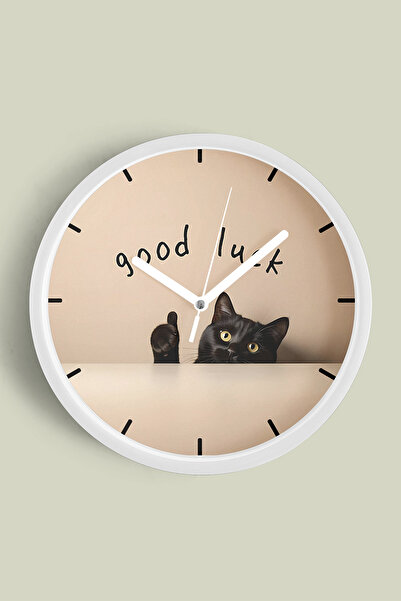 JHAAR Ceas de perete modern Good Luck Kedi Design - 30 cm - Carcasă albă cu s...
