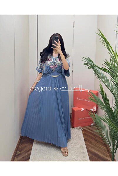 Elegent Sky blue dress embroidered with shimmering flowers and elegant pleated details - one size fits all