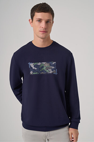 Morven Men's Navy Blue Trend Printed Crew Neck Sweatshirt