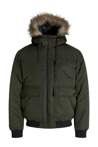 Jack & Jones Jjcharlie Detachable Faux Fur Bomber Men's Fur-Lined Khaki Hooded Pilot Jacket