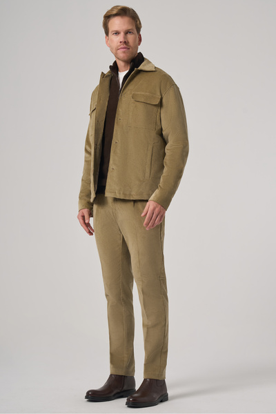 Morven Men's Beige Trend Double Pocket Velvet Shirt Jacket