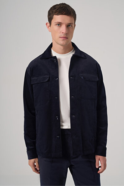 Morven Men's Navy Blue Trend Double Pocket Velvet Shirt Jacket
