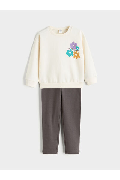 LC Waikiki Giyçık Store Ecru Floral Girl's Sweatshirt and Leggings