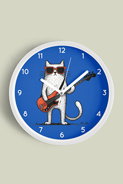 JHAAR Ceas de perete modern cu pisică cântând la chitară - 42cm - Carcasă alb...