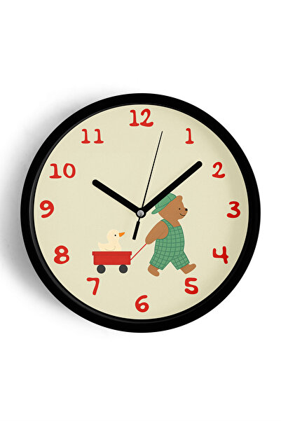 JHAAR ساعة حائط لغرفة الأطفال بتصميم الدب والبط - 30 سم - هيكل أسود مع واجهة ...