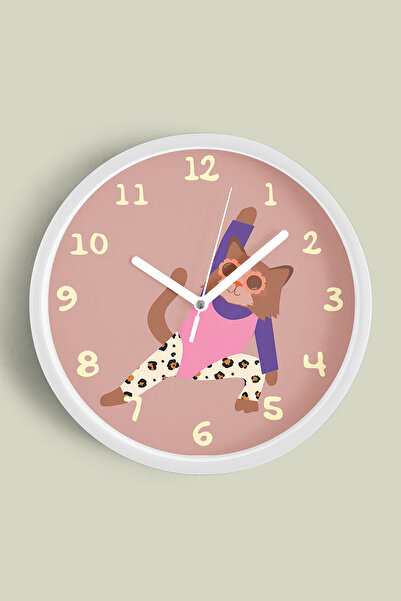 JHAAR ساعة حائط لغرفة الأطفال على شكل قطة رياضية - 30 سم - هيكل أبيض مع زجاج ...