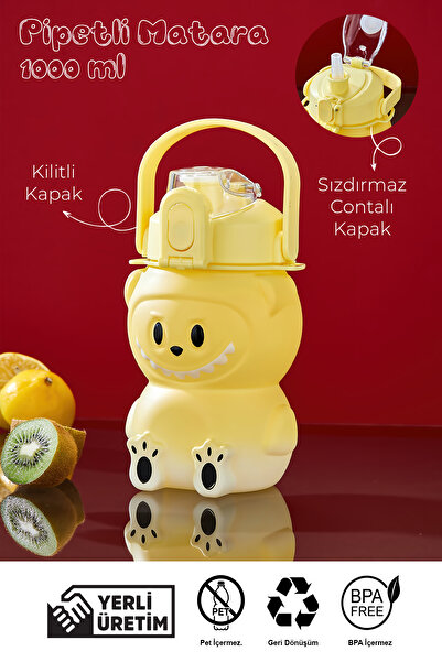 espashome Labubu Water Bottle - 1000 ml Portable with Handle, Straw, Bpa-Free, Lockable and Leak-Proof Lid - Yellow