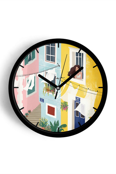 JHAAR ساعة حائط حديثة بتصميم امرأة وبيوت ملونة على النافذة - 25 سم - هيكل أسو...