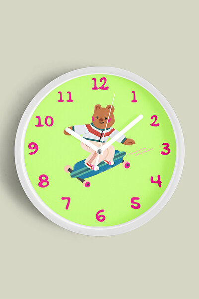 JHAAR Ceas de perete pentru camera copiilor cu ursul patindor - 30cm - Carcas...