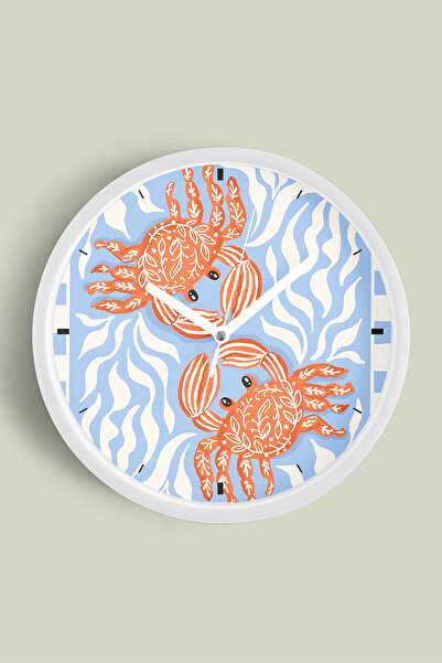 JHAAR Ceas de perete modern cu ilustrație cu crab - 35cm - Carcasă albă cu st...