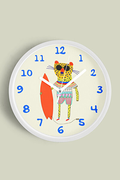 JHAAR ساعة حائط لغرفة الأطفال بتصميم ليوبارد مع لوح ركوب الأمواج - 30 سم - هي...